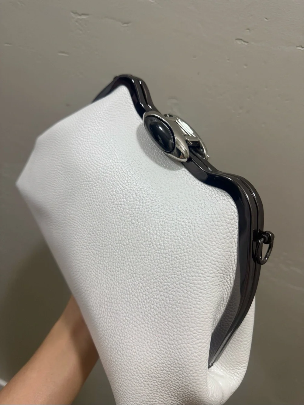 White Pebble Cowhide Handmade Custom Metal Frame Shoulder Bag, With 2 Straps